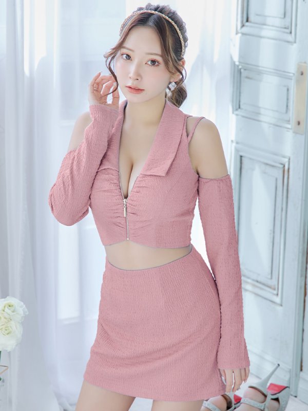 画像5: XSサイズあり【Glossy/グロッシー】フロントジッパー/ オフショル/ ロングスリーブ/ 袖あり/ ワンカラー/ 台形スカート/ セットアップ/ ミニドレス/ キャバドレス[OF08] (5)