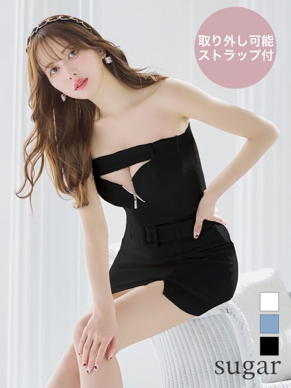 XSサイズあり【ROBE de FLEURS Glossy/ローブ・ド・フルール グロッシー】バストカット/ ジッパーデザイン/ ワンカラー/ ラメ/ セットアップ/ タイト/ ミニドレス/ キャバドレス[OF2]　ブラック