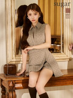 【Glossy/グロッシー】襟付き/ ノースリーブ/ センタージップ/ ラメニット/ ラップスカート/ フレア/ ミニドレス/ キャバドレス