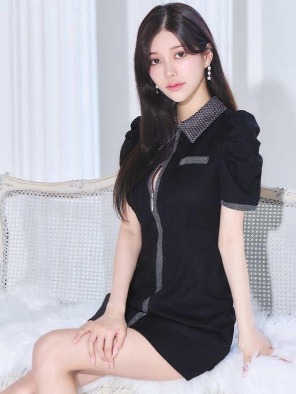 画像10: XSサイズあり【Glossy/グロッシー】襟付き/ 半袖/ ラメニット/ パイピング/ マニッシュ/ フレア/ ミニドレス/ キャバドレス[OF2] (10)