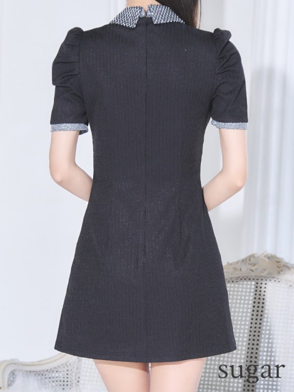 画像15: XSサイズあり【Glossy/グロッシー】襟付き/ 半袖/ ラメニット/ パイピング/ マニッシュ/ フレア/ ミニドレス/ キャバドレス[OF2] (15)