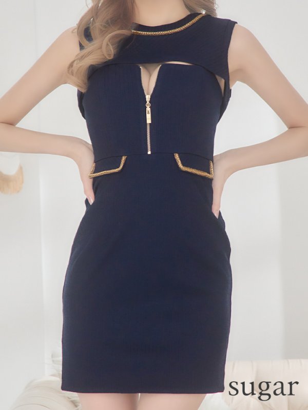 画像11: XSサイズあり【Glossy/グロッシー】フロントジッパー/ ラメニット/ ノースリーブ/ ストレッチ/ タイト/ ミニドレス/ キャバドレス[OF08] (11)