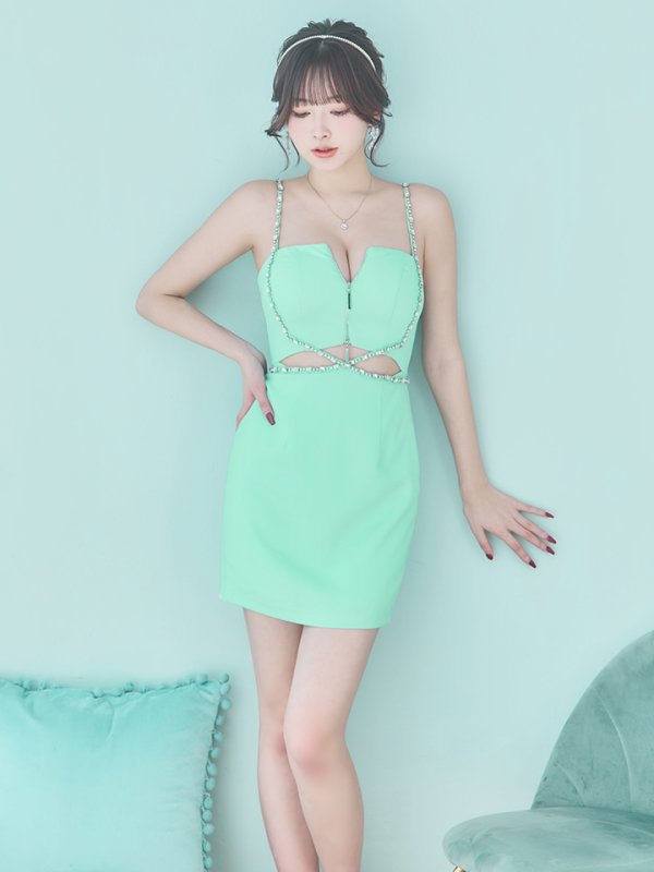 画像4: XSサイズあり【Glossy/グロッシー】クロスビジュー/ フロントジップ/ キャミソール/ ストレッチ/ タイト/ ミニドレス/ キャバドレス[OF2] (4)