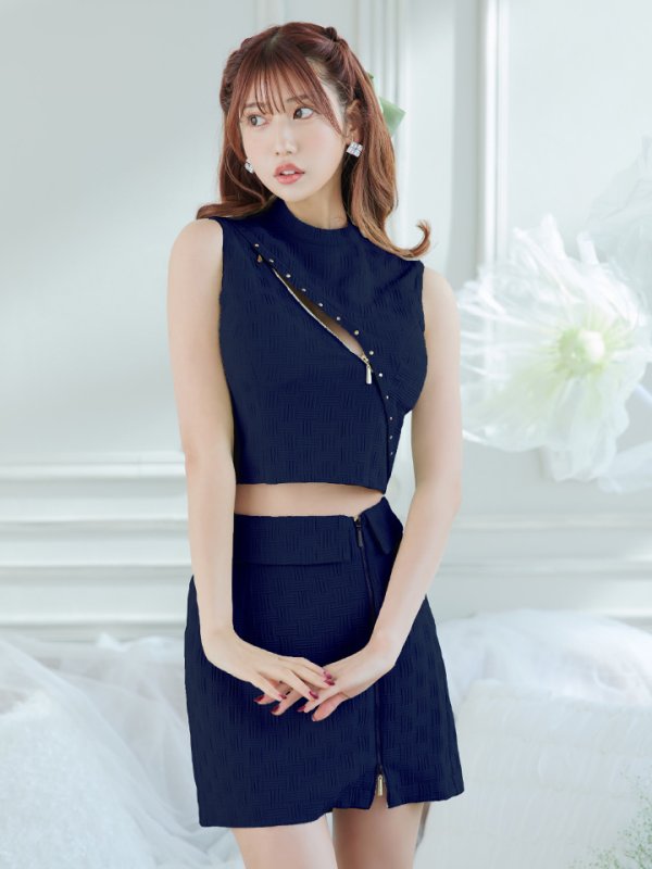 画像2: XSサイズあり【Glossy/グロッシー】セットアップ/ マルチファスナー/ ハイネック/ ノースリーブ/ フロントジップ/ タイト/ ミニドレス/ キャバドレス[OF08] (2)