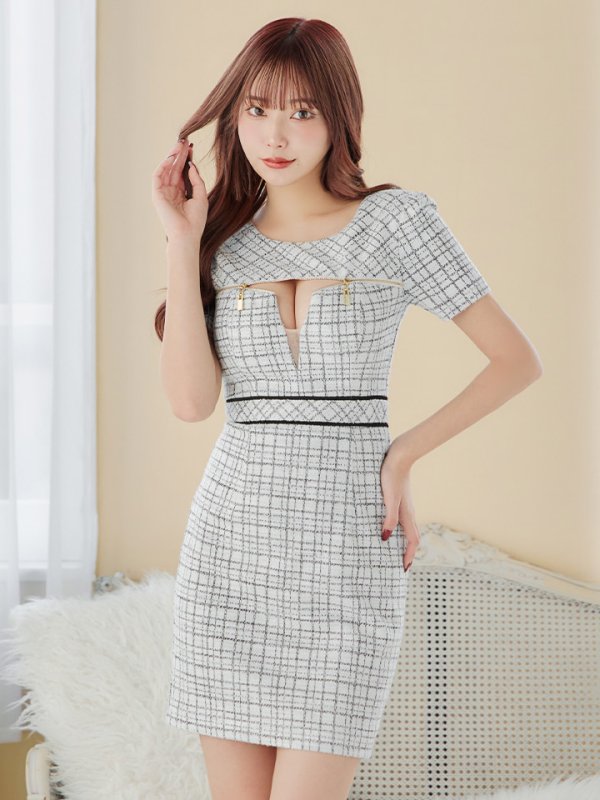 画像9: XS-Lサイズあり【Glossy/グロッシー】袖付き/ ツイードニット/ フロントジッパー/ タイト/ ミニドレス/ キャバドレス[OF08] (9)