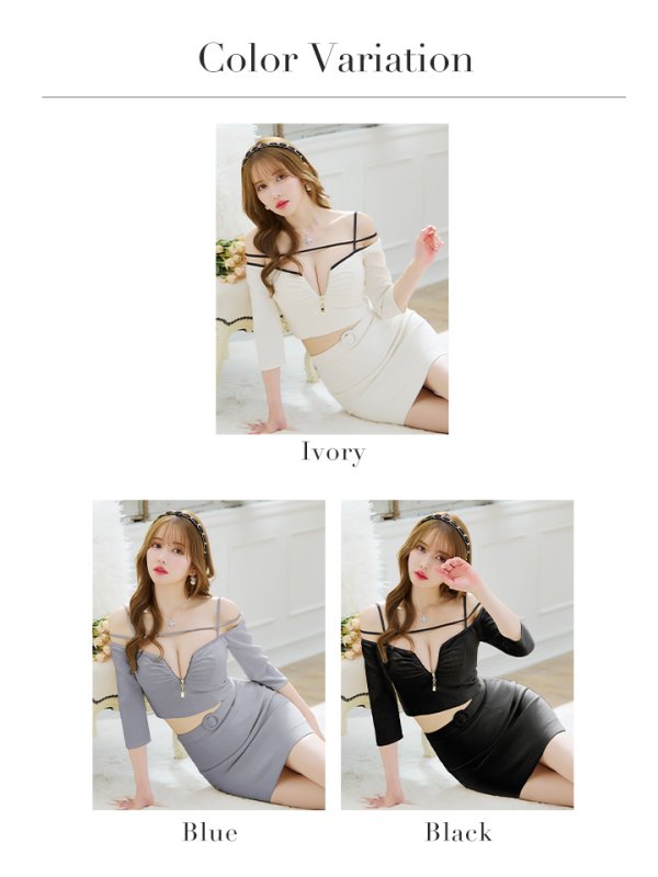 画像24: XSサイズあり【Glossy/グロッシー】フロントジップ/ 袖付き/ オフショル/ タイト/ セットアップ/ ワッフル/ ミニドレス/ キャバドレス[OF08] (24)