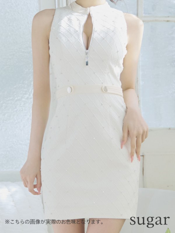 画像11: XSサイズあり【Glossy/グロッシー】フロントジッパー/ ビジュー/ リブ/ ノースリーブ/ タイト/ ミニドレス/ キャバドレス[OF08] (11)