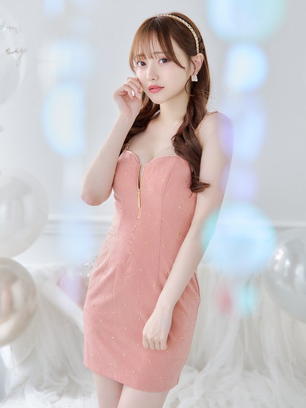 画像5: XSサイズあり【Glossy/グロッシー】スタッズ/ キルティング/ フロントジッパー/ キャミソール/ タイト/ ミニドレス/ キャバドレス[OF08] (5)