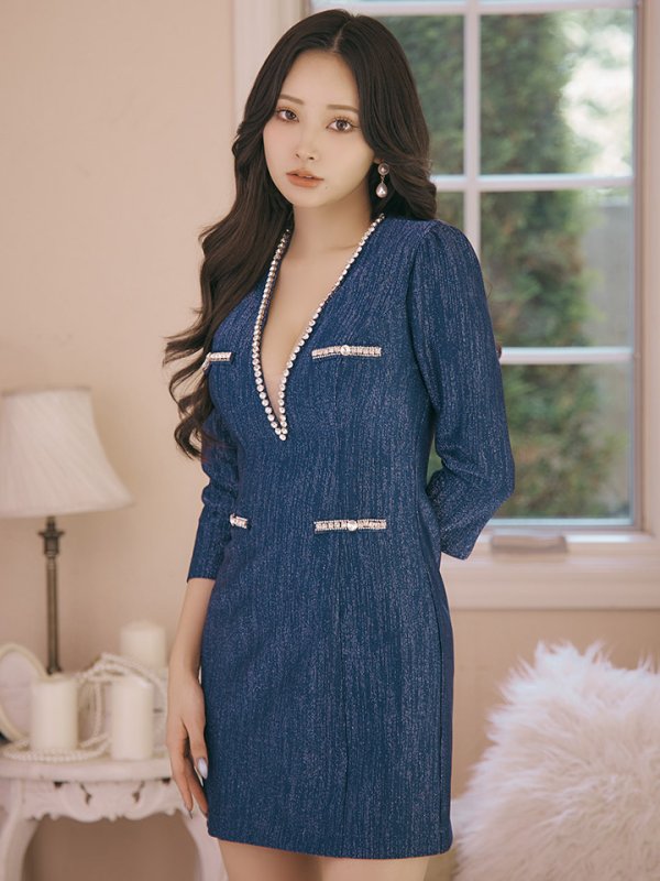 画像2: Lサイズあり【Glossy/グロッシー】Vネック/ ロングスリーブ/ ラメニット/ タイト/ ミニドレス/ キャバドレス[OF08] (2)