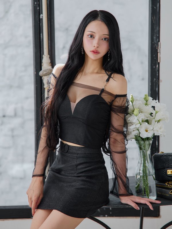 画像10: XSサイズあり【Glossy/グロッシー】チュールスリーブ/ ラメ/ セットアップ/ ミニドレス/ キャバドレス[OF08] (10)