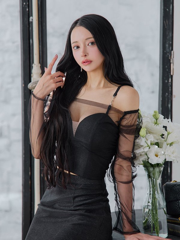 画像11: XSサイズあり【Glossy/グロッシー】チュールスリーブ/ ラメ/ セットアップ/ ミニドレス/ キャバドレス[OF08] (11)