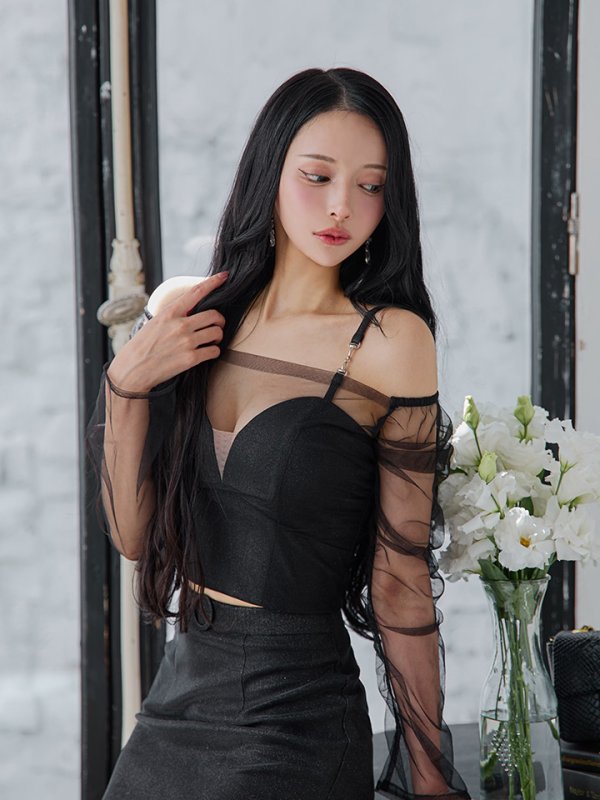 画像12: XSサイズあり【Glossy/グロッシー】チュールスリーブ/ ラメ/ セットアップ/ ミニドレス/ キャバドレス[OF08] (12)