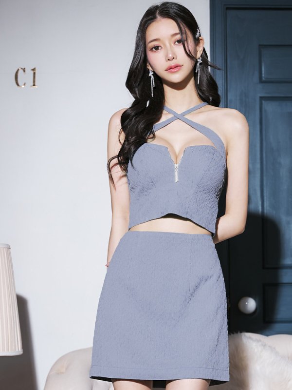 画像21: XSサイズあり【Glossy/グロッシー】クロスホルターネック/ バストジップ/ シンプル/ セットアップ/ タイト/ ミニドレス/ キャバドレス[OF08] (21)