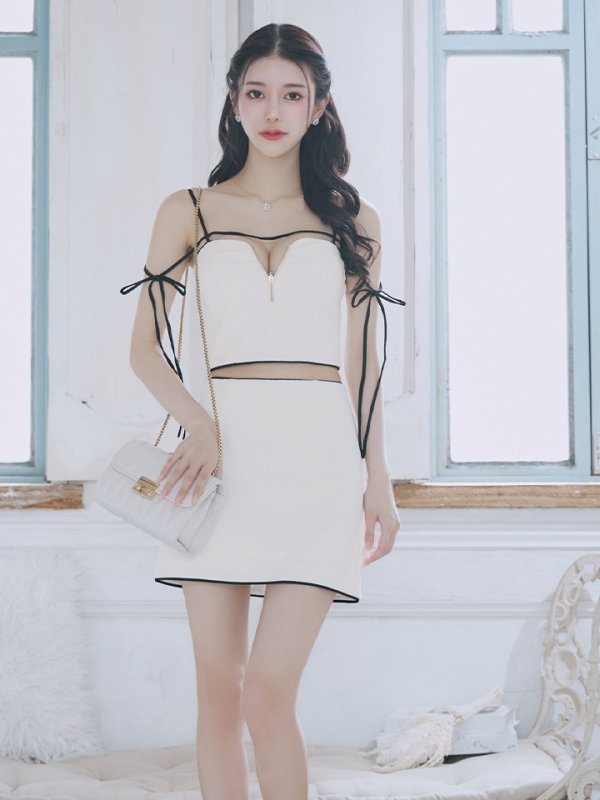 画像4: 【NIGHTS掲載】XSサイズあり【Glossy/グロッシー】リボンオフショル/ デザイン/ リブニット/ セットアップ/ ミニドレス/ キャバドレス[OF08] (4)