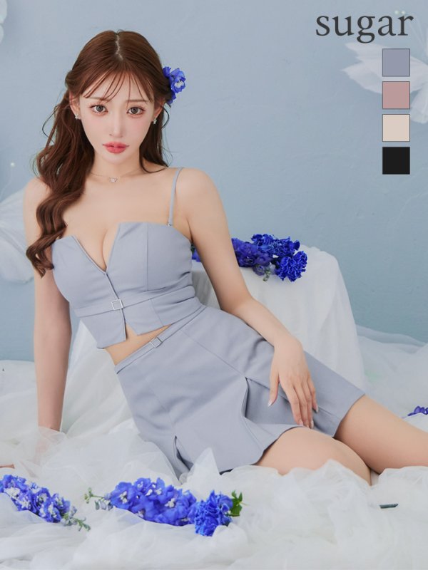 【ROBE de FLEURS Glossy/ローブ・ド・フルール グロッシー】バストカット/ ベルトプリーツ/ セットアップ/ ミニドレス/ キャバドレス