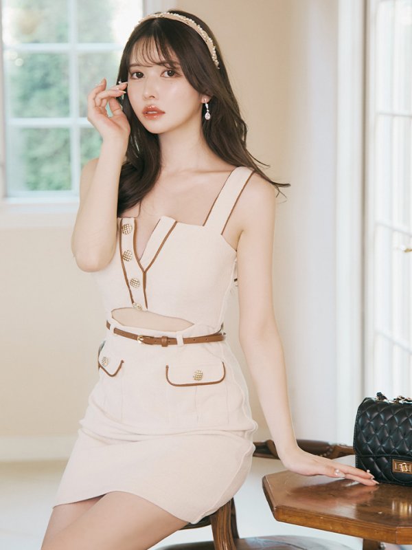 画像6: XSサイズあり【Glossy/グロッシー】レザーパイピング/ ウエストカット/ ベルト/ タイト/ ミニドレス/ キャバドレス[OF08] (6)