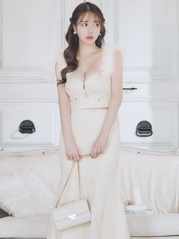 画像3: XS-Lサイズあり【Glossy/グロッシー】フェザーショルダー/ ビジュー/ リブ/ ロングドレス/ キャバドレス long[OF08] (3)