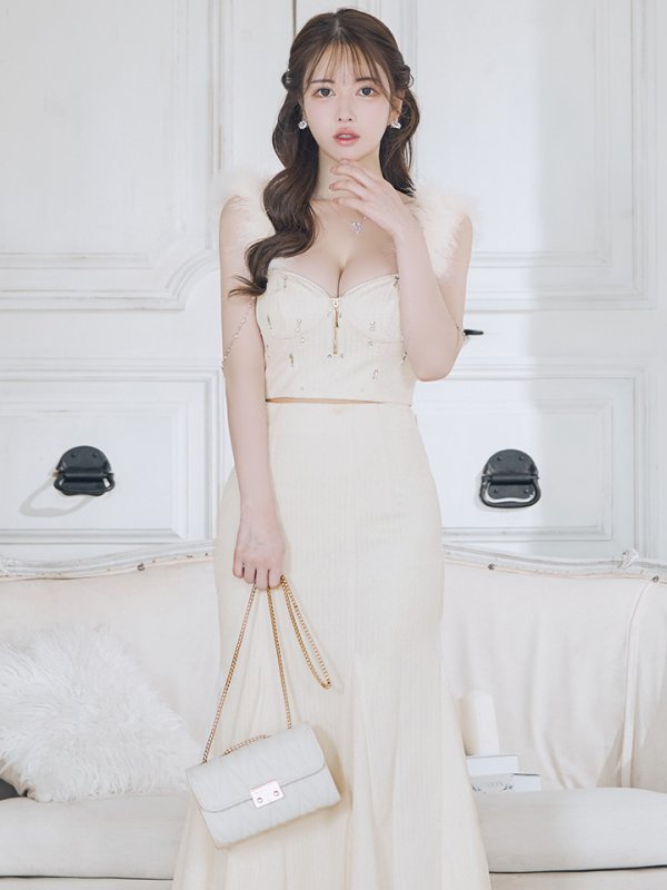 画像4: XS-Lサイズあり【Glossy/グロッシー】フェザーショルダー/ ビジュー/ リブ/ ロングドレス/ キャバドレス long[OF08] (4)