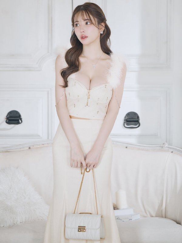 画像5: XS-Lサイズあり【Glossy/グロッシー】フェザーショルダー/ ビジュー/ リブ/ ロングドレス/ キャバドレス long[OF08] (5)