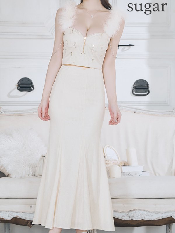 画像8: XS-Lサイズあり【Glossy/グロッシー】フェザーショルダー/ ビジュー/ リブ/ ロングドレス/ キャバドレス long[OF08] (8)