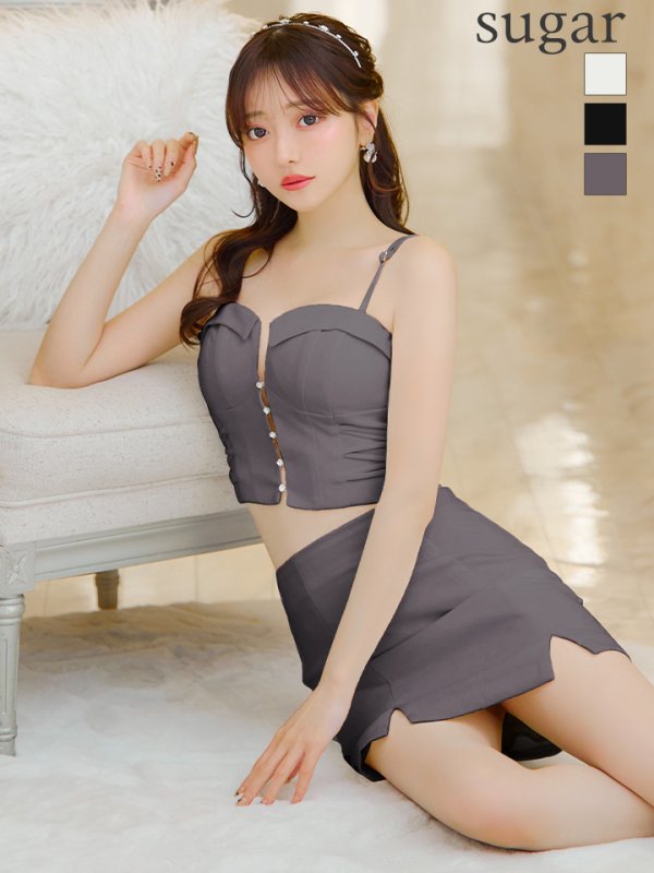 【ROBE de FLEURS Glossy/ローブ・ド・フルール グロッシー】サイド編み上げ/ バストカット/ タイト/ セットアップ/ ミニドレス/ キャバドレス