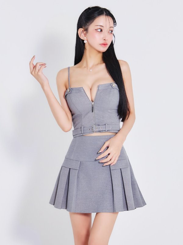 画像6: XSサイズあり【Glossy/グロッシー】センタージップ/ ベルト/ セットアップ/ プリーツ/ フレア/ ミニドレス/ キャバドレス[OF08] (6)