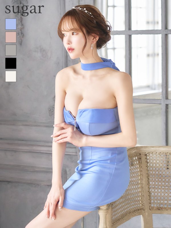 【ROBE de FLEURS Glossy/ローブ・ド・フルール グロッシー】2way/ チョーカー風/ バストジップ/ タイト/ ミニドレス/ キャバドレス