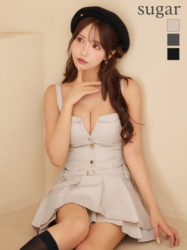 画像1: 【予約商品/8月下旬発送予定】XSサイズあり【Glossy/グロッシー】サイドドロスト/ プリーツ/ フレア/ セットアップ/ ミニドレス/ キャバドレス[OF08] (1)