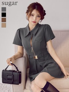 【Glossy/グロッシー】シャツカラー/ ウエストベルト/ フレア/ ミニドレス/ キャバドレ