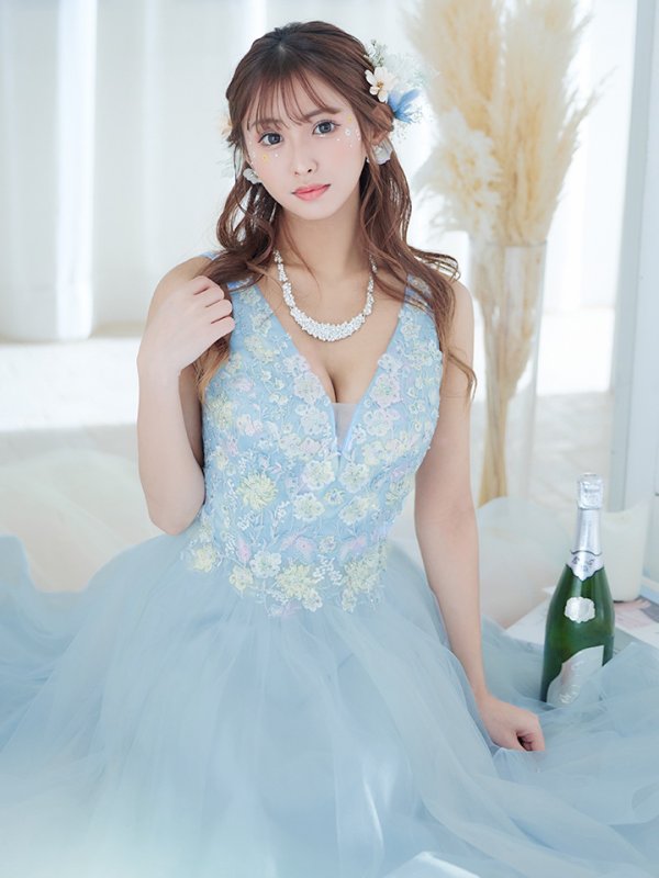 画像25: 【圓谷はく / 関西コレクション着用】【Lip line/リップライン】フラワー刺繍/ 2段フレア/ Aライン/ チュール/ プリンセス/ ロングドレス/ キャバドレスlong[HC03] (25)