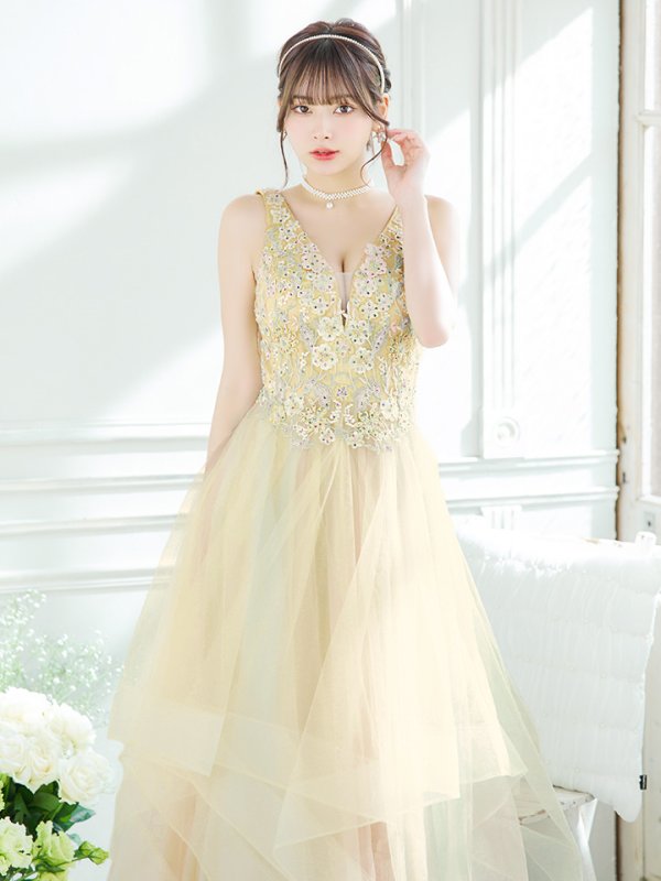 画像3: 【Lip line/リップライン】フラワー刺繍/ 2段フレア/ Aライン/ チュール/ プリンセス/ ロングドレス/ キャバドレスlong[HC03] (3)