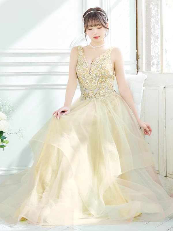 画像4: 【Lip line/リップライン】フラワー刺繍/ 2段フレア/ Aライン/ チュール/ プリンセス/ ロングドレス/ キャバドレスlong[HC03] (4)