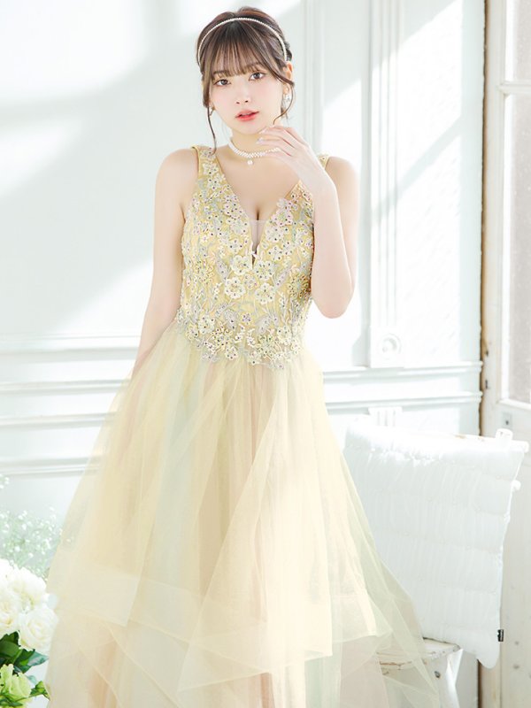 画像5: 【Lip line/リップライン】フラワー刺繍/ 2段フレア/ Aライン/ チュール/ プリンセス/ ロングドレス/ キャバドレスlong[HC03] (5)