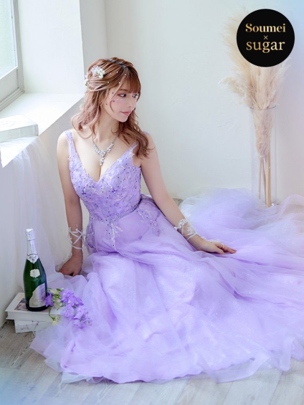 画像2: 【関西コレクション着用】【Lip line/リップライン】フラワー刺繍/ Vネック/ Aライン/ ノースリーブ/ プリンセス/ フレア/ ロングドレス/ キャバドレス long[HC03] (2)