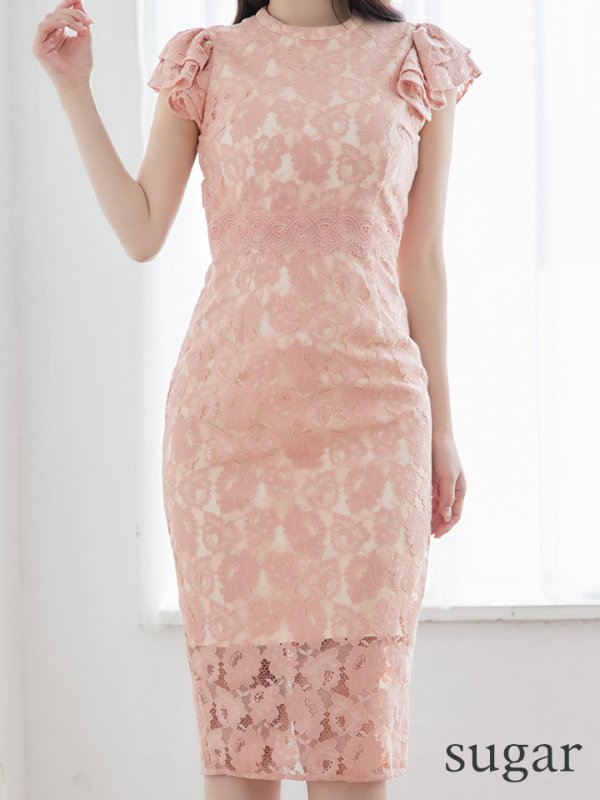 画像8: Lサイズあり【VANESSA HEART / ヴァネッサハート】【OF05】 総レース/ フリル/ ミディアム丈/ 膝丈/ ワンピース/ タイト/キャバドレス アプリコット (8)