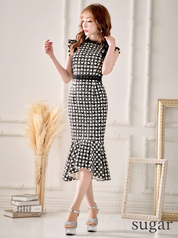 画像7: 【VANESSA HEART / ヴァネッサハート】【OF05】マーメイド/ ギンガムチェック/ レーススリーブ/ ひざ丈/ ワンピース/ ミディアムドレス/ キャバドレス (7)