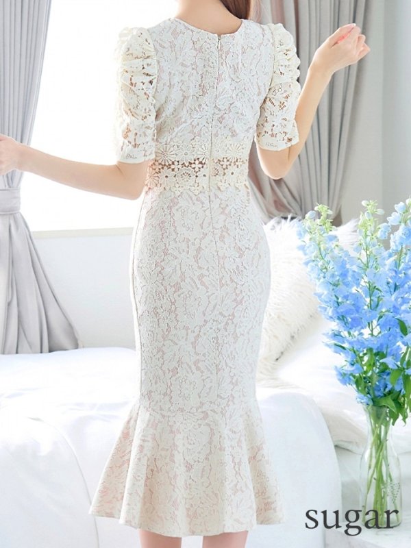 画像36: Lサイズあり【VANESSA HEART / ヴァネッサハート】【OF05】マーメイド/ テールカット/ 総レース/ パフスリーブ/ 袖あり/ 切り替えデザイン/ ワンピース/ ミディアムドレス/ キャバドレス (36)