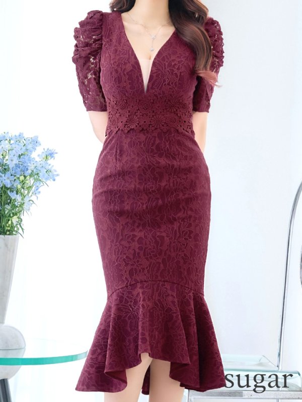 画像29: Lサイズあり【VANESSA HEART / ヴァネッサハート】【OF05】マーメイド/ テールカット/ 総レース/ パフスリーブ/ 袖あり/ 切り替えデザイン/ ワンピース/ ミディアムドレス/ キャバドレス (29)