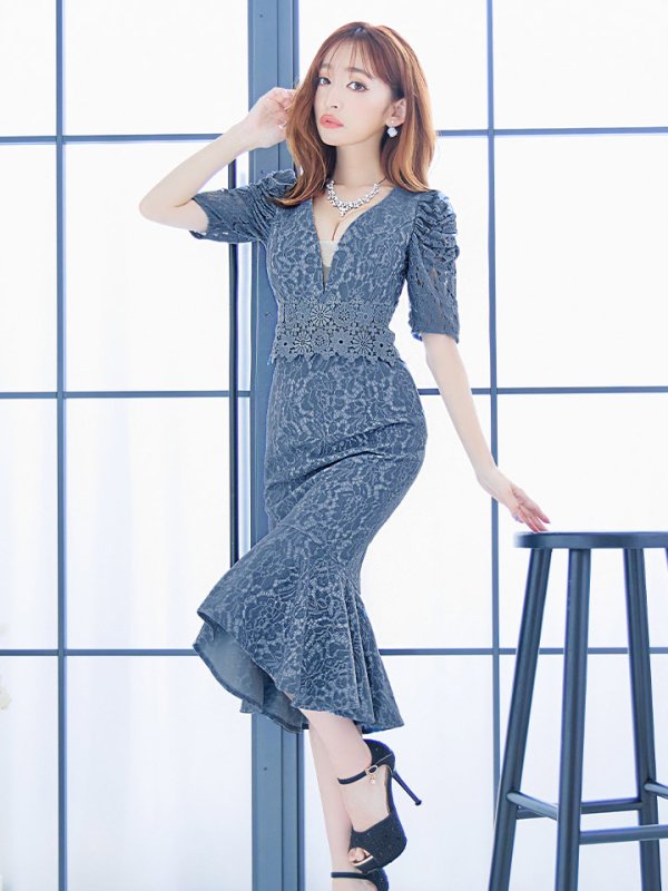 画像22: Lサイズあり【VANESSA HEART / ヴァネッサハート】【OF05】マーメイド/ テールカット/ 総レース/ パフスリーブ/ 袖あり/ 切り替えデザイン/ ワンピース/ ミディアムドレス/ キャバドレス (22)