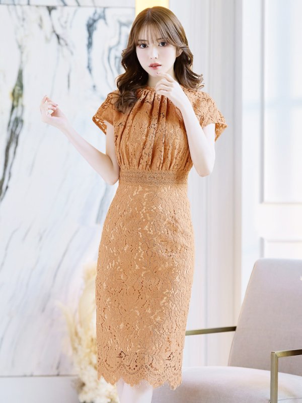 画像15: Lサイズあり【VANESSA HEART / ヴァネッサハート】【OF05】半袖/ 袖あり/ 総レース/ ハイネック/ タック/ ミディアム丈/ 膝丈/ ワンピース/ キャバドレス (15)