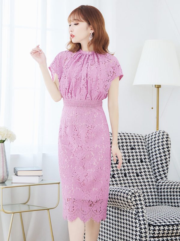 画像2: Lサイズあり【VANESSA HEART / ヴァネッサハート】【OF05】半袖/ 袖あり/ 総レース/ ハイネック/ タック/ ミディアム丈/ 膝丈/ ワンピース/ キャバドレス (2)