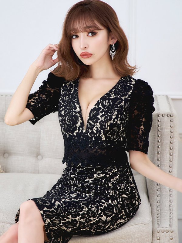 画像11: Lサイズあり【VANESSA HEART / ヴァネッサハート】【OF05】総レース/ 半袖/ 袖あり/ パフスリーブ/ 切り替えデザイン/ ミディアム丈/ 膝丈/ ワンピース/ キャバドレス (11)