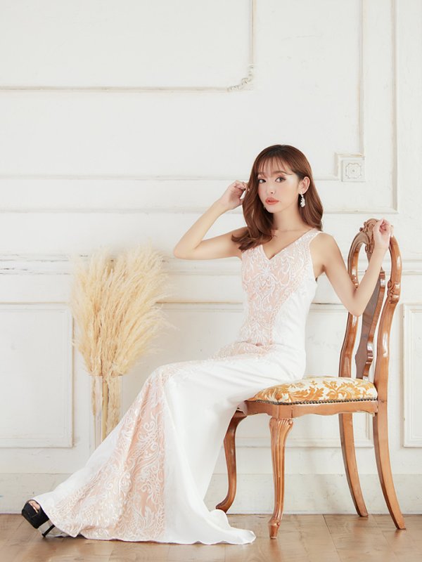 画像3: 【Lip line/リップライン】ワンカラー/ 刺繍/ レース/ ノースリーブ/ 切り替えデザイン/ ロングドレス/ キャバドレス[HC03] (3)