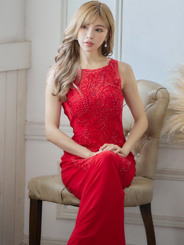 画像7: 【Lip line/リップライン】ワンカラー/ 刺繍/ レース/ ノースリーブ/ ストレッチ/ ロングドレス/ キャバドレス[OF05] (7)