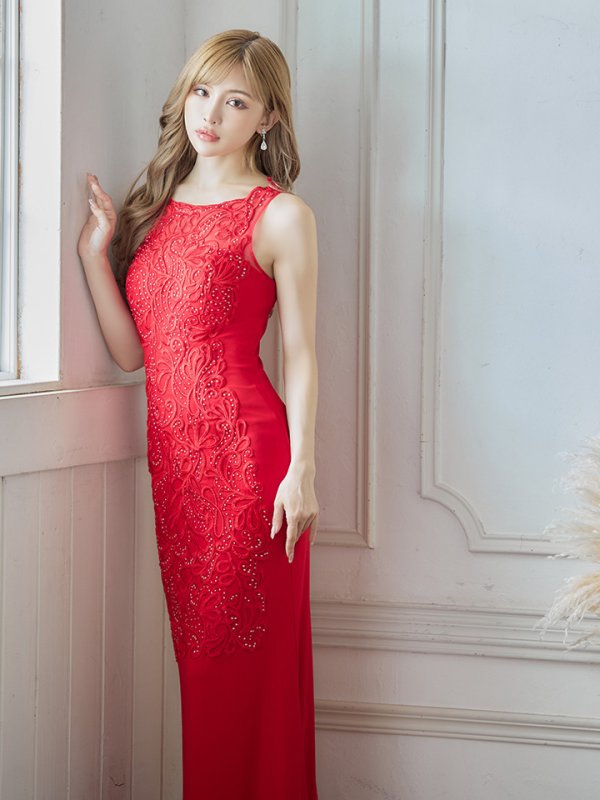 画像8: 【Lip line/リップライン】ワンカラー/ 刺繍/ レース/ ノースリーブ/ ストレッチ/ ロングドレス/ キャバドレス[OF05] (8)