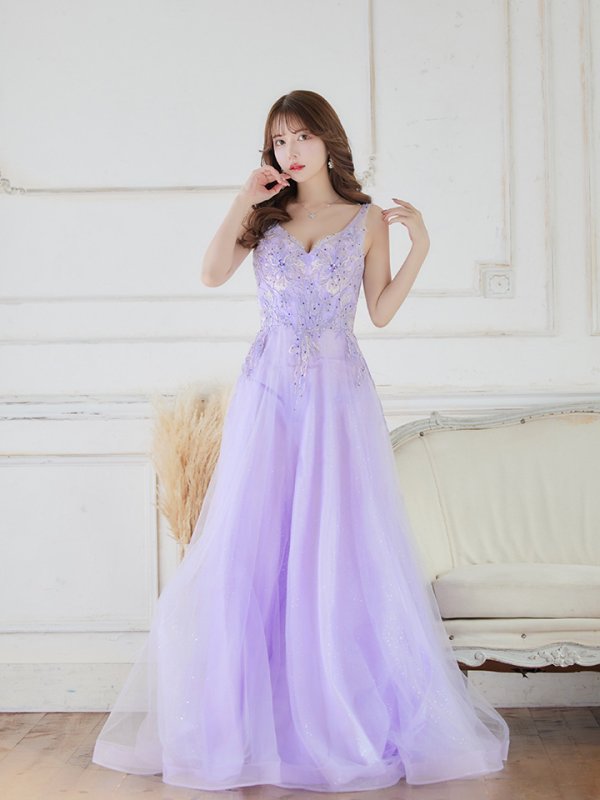 画像2: 【Lip line/リップライン】フラワー刺繍/ Vネック/ Aライン/ ノースリーブ/ プリンセス/ フレア/ ロングドレス/ キャバドレス long[HC03] (2)