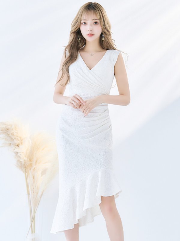 画像3: Lサイズあり【VANESSA HEART / ヴァネッサハート】【OF05】マーメイド/ 総レース/ タック/ アシンメトリーフリル/ ノースリーブ/ ひざ丈/ ワンピース/ ミディアムドレス/ キャバドレス (3)