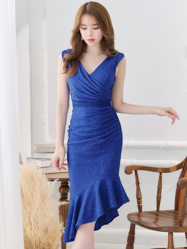 画像24: Lサイズあり【VANESSA HEART / ヴァネッサハート】【OF05】マーメイド/ 総レース/ タック/ アシンメトリーフリル/ ノースリーブ/ ひざ丈/ ワンピース/ ミディアムドレス/ キャバドレス (24)