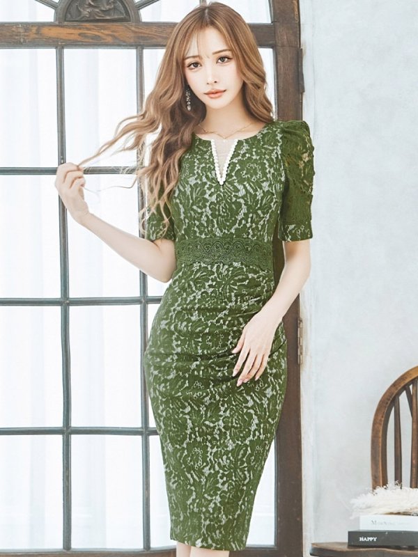 画像29: Lサイズあり【VANESSA HEART / ヴァネッサハート】【OF05】半袖/ 袖あり/ パフスリーブ/ スリットネック/ キーネック/ 総レース/ パール/ タック/ タイト/ 膝丈/ ミディアムドレス/ キャバドレス (29)