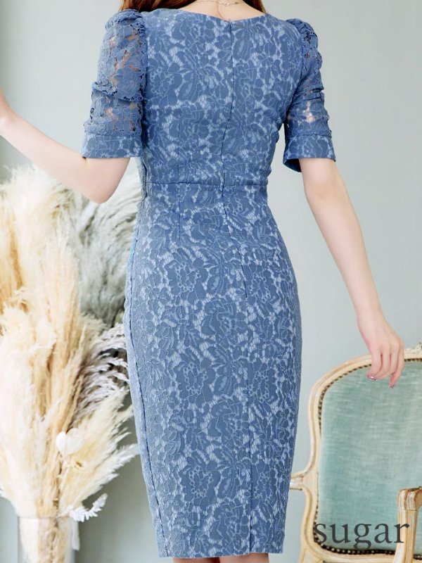 画像9: Lサイズあり【VANESSA HEART / ヴァネッサハート】【OF05】半袖/ 袖あり/ パフスリーブ/ スリットネック/ キーネック/ 総レース/ パール/ タック/ タイト/ 膝丈/ ミディアムドレス/ キャバドレス (9)